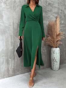 SHEIN Clasi Solid Ruched Detail Fake Button Split Thigh Dress