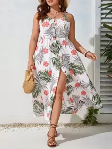 SHEIN VCAY Vestido de tirantes con estampado tropical - Blanco - Ver 1