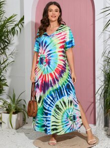 SHEIN Holidaya Vestido estilo camiseta de tie dye con abertura lateral - Multicolor - Ver 4