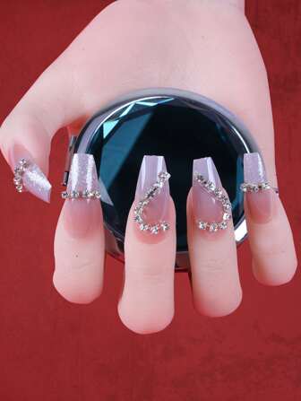 24 Stücke Lang Sarg Kunstnägel mit Strass Dekor & 1 Blatt Band