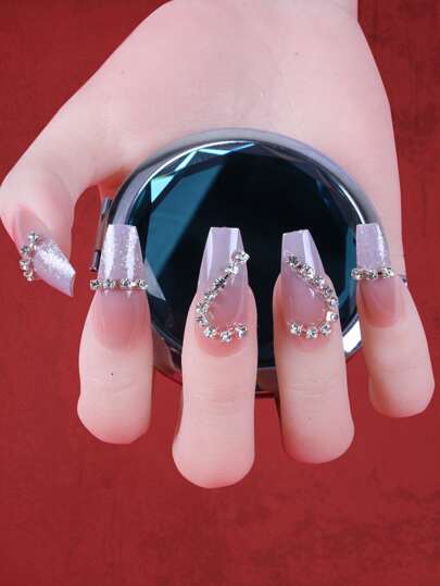 24 piezas Uña postiza largo ataúd con diseño de diamante de imitación & 1 hoja cinta