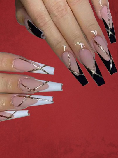 Grunge Punk 24 قطعة لامع أظافر اصطناعية و ورقة واحدة شريط