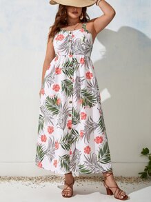 SHEIN VCAY Vestido de tirantes con estampado tropical - Blanco - Ver 5