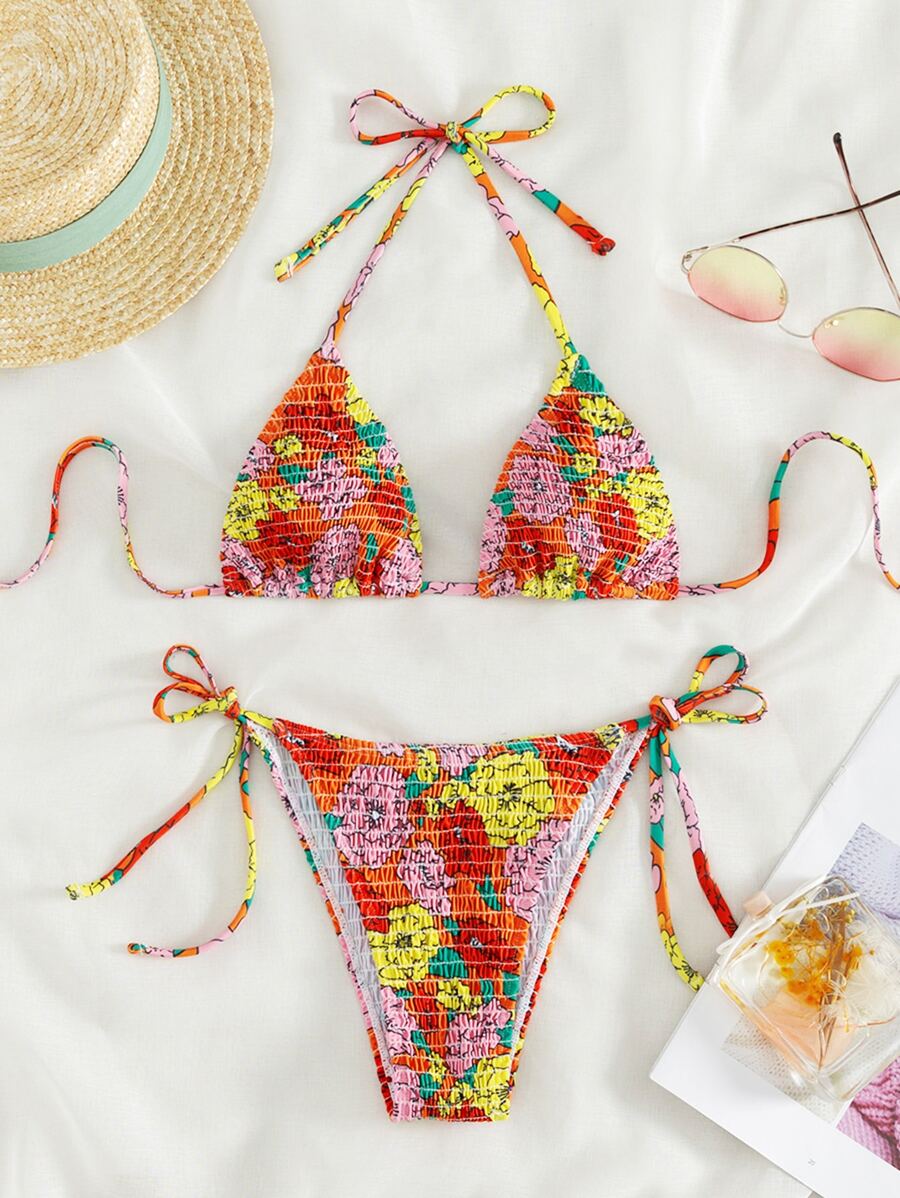 Floral Bikini Set Smocked Halter Triangle Bra & Tie Side Bottom 2 Pieces Bikini Summer Beach - Multicolor - View 1