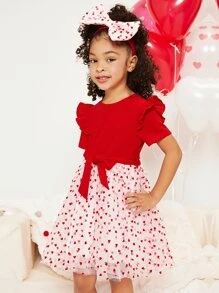 SHEIN 小女童1入組愛心圖案荷葉邊繫腰帶洋裝和頭巾