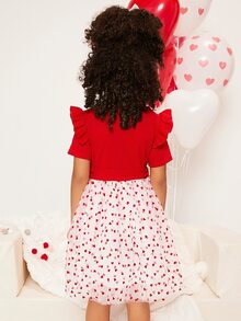 SHEIN 小女童1入組愛心圖案荷葉邊繫腰帶洋裝和頭巾