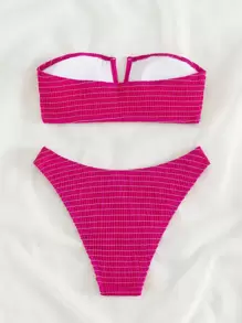 Smocked V Wired Frill Trim Bandeau Summer Beach Bikini Set - Hot Pink - View 2