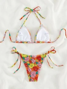 Floral Bikini Set Smocked Halter Triangle Bra & Tie Side Bottom 2 Pieces Bikini Summer Beach - Multicolor - View 2