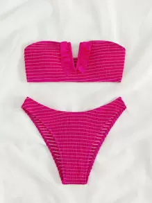 Smocked V Wired Frill Trim Bandeau Summer Beach Bikini Set - Hot Pink - View 3
