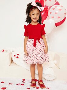 SHEIN 小女童1入組愛心圖案荷葉邊繫腰帶洋裝和頭巾