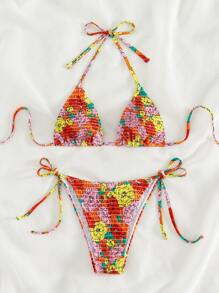 Floral Bikini Set Smocked Halter Triangle Bra & Tie Side Bottom 2 Pieces Bikini Summer Beach - Multicolor - View 3