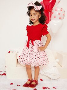 SHEIN 小女童1入組愛心圖案荷葉邊繫腰帶洋裝和頭巾