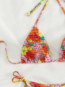 Floral Bikini Set Smocked Halter Triangle Bra & Tie Side Bottom 2 Pieces Bikini Summer Beach - Multicolor - View 4