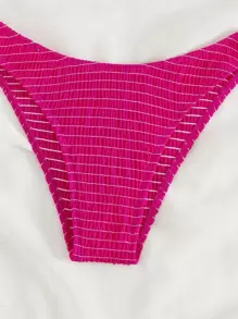 Smocked V Wired Frill Trim Bandeau Summer Beach Bikini Set - Hot Pink - View 5