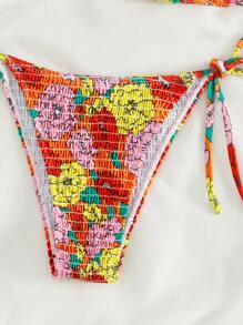 Floral Bikini Set Smocked Halter Triangle Bra & Tie Side Bottom 2 Pieces Bikini Summer Beach - Multicolor - View 5