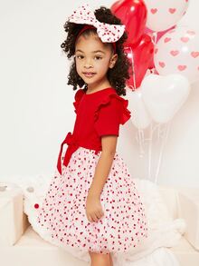 SHEIN 小女童1入組愛心圖案荷葉邊繫腰帶洋裝和頭巾