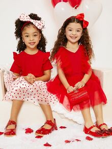 SHEIN 小女童1入組愛心圖案荷葉邊繫腰帶洋裝和頭巾