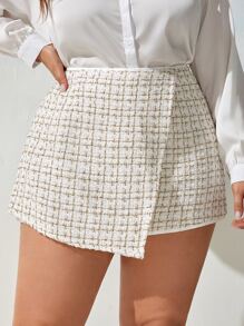 SHEIN Privé Plus High Waist Plaid Tweed Shorts - White - View 1