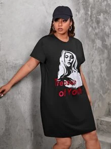 SHEIN EZwear Vestido estilo camiseta con estampado de letra y figura - Negro - Ver 3