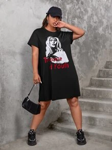 SHEIN EZwear Vestido estilo camiseta con estampado de letra y figura - Negro - Ver 4