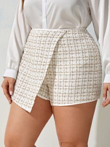 SHEIN Privé Plus High Waist Plaid Tweed Shorts - White - View 3