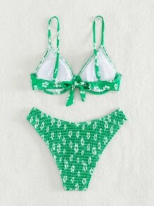 SHEIN Swim Summer Beach Floral Smocked Underwire Bikini Set - Green - View 2