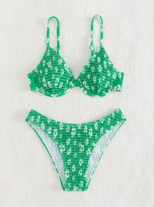 SHEIN Swim Summer Beach Floral Smocked Underwire Bikini Set - Green - View 3