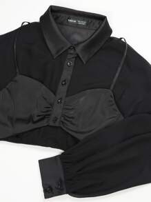 SHEIN Unity Top De Satén De Gasa De Dos Capas Con Tirantes Finos Y Diseño Corto - Negro - Ver 6