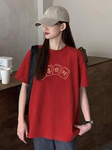 Chinese Characters Graphic Drop Shoulder Tee - Red - View 5