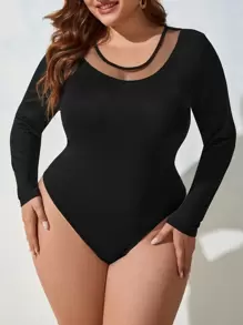 SHEIN SXY Plus Contrast Mesh Bodysuit - Black - View 1