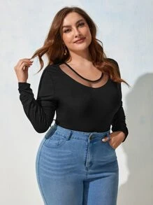 SHEIN SXY Plus Contrast Mesh Bodysuit - Black - View 4