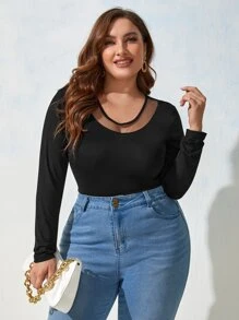 SHEIN SXY Plus Contrast Mesh Bodysuit - Black - View 5