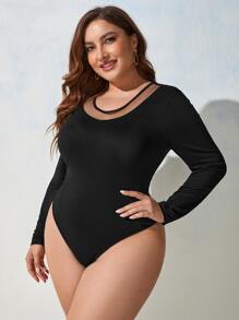 SHEIN SXY Plus Contrast Mesh Bodysuit - Black - View 6