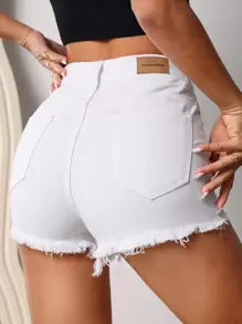 SHEIN PETITE Ripped Raw Hem Denim Shorts - White - View 2