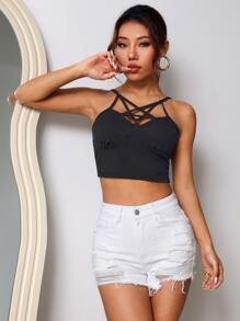 SHEIN PETITE Ripped Raw Hem Denim Shorts - White - View 3
