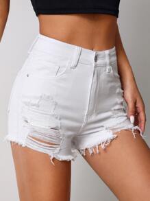 SHEIN PETITE Ripped Raw Hem Denim Shorts - White - View 5