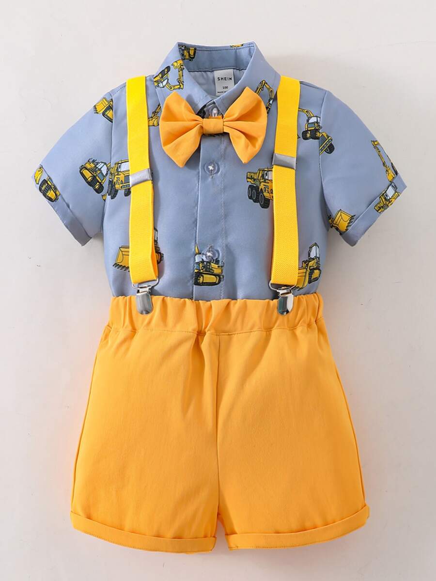 SHEIN 小男童挖掘機圖案蝴蝶結襯衫和背帶短褲