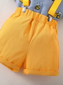 SHEIN 小男童挖掘機圖案蝴蝶結襯衫和背帶短褲