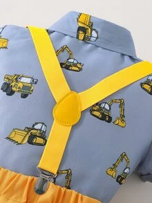 SHEIN 小男童挖掘機圖案蝴蝶結襯衫和背帶短褲