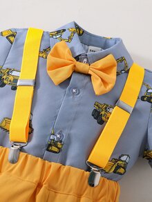 SHEIN 小男童挖掘機圖案蝴蝶結襯衫和背帶短褲