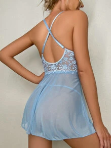 Mesh Crisscross Backless Lace Insert Bow Slips & Thong - Baby Blue - View 2