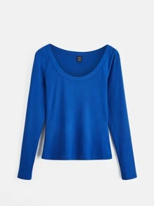 SHEIN BASICS Camiseta Ajustada De Punto Acanalado Con Cuello Redondo - Azul - Ver 8
