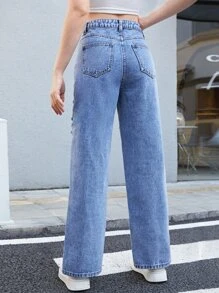 SHEIN Teen Girls Butterfly Print Ripped Straight Leg Jeans - Medium Wash - View 2