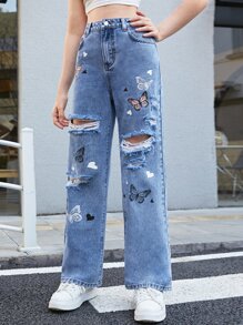 SHEIN Teen Girls Butterfly Print Ripped Straight Leg Jeans - Medium Wash - View 4