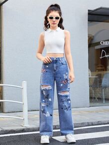 SHEIN Teen Girls Butterfly Print Ripped Straight Leg Jeans - Medium Wash - View 3