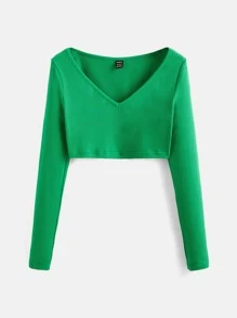 SHEIN BASICS V Neck Ribbed Long Sleeve Crop Tee - Green - View 6