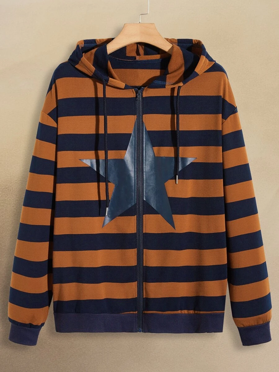 ROMWE MEN Guys Striped Zip Up Hoodie - Multicolor - View 1