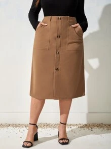 SHEIN Clasi 大碼雙口袋前紐扣粗花呢半身裙