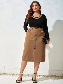 SHEIN Clasi 大碼雙口袋前紐扣粗花呢半身裙