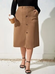 SHEIN Clasi 大碼雙口袋前紐扣粗花呢半身裙